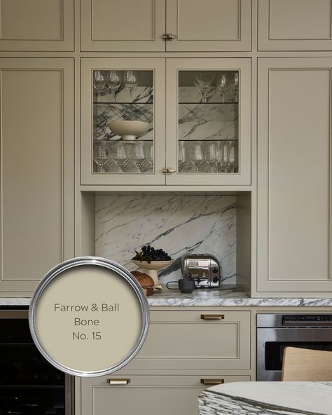 A soft grey with a hint of green, Farrow & Ball Bone brought a rich yet versatile look to the kitchen cabinetry in our Dunbar kitchen.   Design: Black Sheep Interior Design Millwork: Heritage Kitchens Build: Ratcliffe and Black Photo: Lauren Miller Styling: Stacey Smithers Farrow Ball Kitchen Cabinets, Farrow And Ball Cromarty Kitchen, Georgian Style Kitchen, Farrow And Ball Bone Kitchen, Farrow Ball Bone, Farrow And Ball Mizzle Kitchen, Bone Farrow And Ball, Farrow And Ball Dining Room, Farrow And Ball Kitchen Cabinets