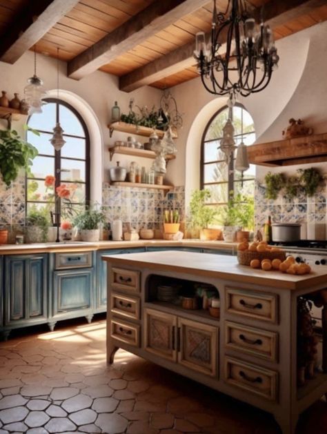 Hacienda Kitchen Cabinets, Spanish Architecture Hacienda Style Kitchen, Spanish Colonial Style Kitchen, Spanish Inspired Interior Design, Spanish Country Kitchen, Spanish Influenced Homes, Hacienda Kitchen Mexican, Spanish Tile Kitchen Floor, Spanish Style Barndominium