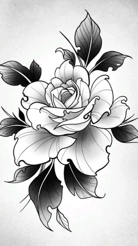 Japanese Roses Tattoo, Rose Flower Tattoo Stencil, Gothic Rose Tattoo Design, One Flower Tattoo, Rose Leaves Tattoo, Cool Flower Tattoos, Abstract Rose Tattoo, Floral Tattoo Stencil, Tattoo Designs Rose