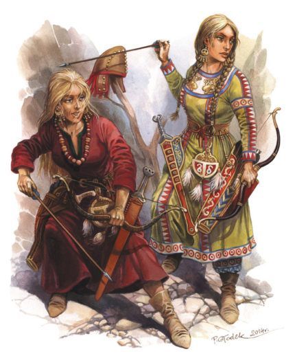 Scythian Archers Left Warrior;Right Noble woman IV AD Noble Woman, Viking Warrior Woman, Warriors Illustration, Military Costumes, Historical Warriors, Amazon Warrior, Ancient Warfare, Medieval Clothing, Viking Warrior