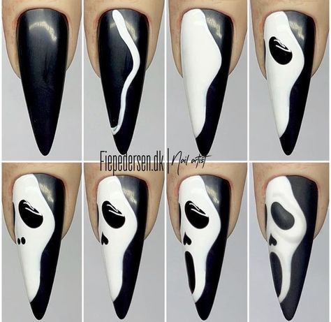 Scream Nails Tutorial, Scream Nail Art Tutorial, Ghostface Nail Art, Scream Mask Nails, Scream Face Nails, Scream Acrylic Nails, Halloween Nails Ghostface, Scream Nails Acrylic, Halloween Scream Nails