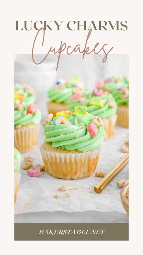 Sweet and simple Lucky Charms Cupcakes with Marshmallow Buttercream Frosting to celebrate St. Patrick’s Day. Moist vanilla cupcakes made with the addition of ground Lucky Charms cereal to really give them the perfect flavor. Each cupcake is frosted with a dreamy marshmallow buttercream frosting that is SO much easier to make than you might think. Lucky Charms Cupcakes, Lucky Charms Cake, Marshmallow Buttercream Frosting, St Patricks Food, St Patrick Day Snacks, Moist Vanilla Cupcakes, Marshmallow Buttercream, Bakers Table, St Patrick Day Treats