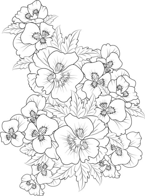 pansy flowers illustration coloring pagse, simplicity, Embellishment, monochrome, vector art, Outline print with blossoms pansy flower, pansy bouquet leaves, and buds, pansy flower tattoo drawing. Pansy Flower Tattoo Black And White, Pansy Flower Tattoo, Pansy Drawing, Bush Drawing, Pansy Bouquet, Pansy Tattoo, Embellishment Drawing, Art Outline, Flower Tattoo Drawings