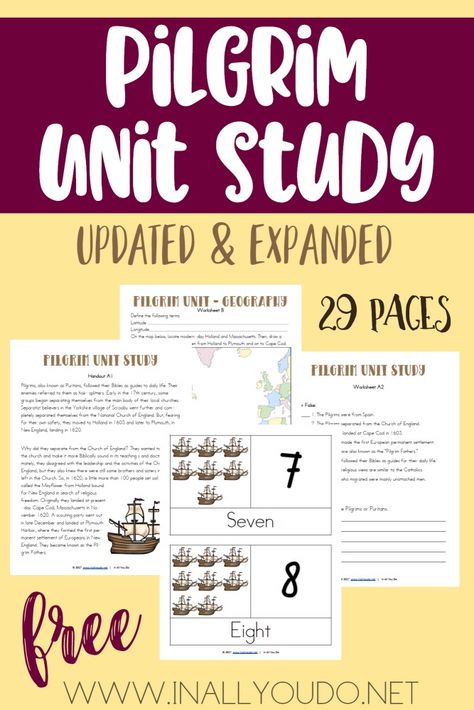 This Pilgrim Unit Study was one of the first ones I created over 5 years ago. I have updated and expanded it from 10 pages to 29 pages! It includes Language Arts, Science, Math, Social Studies/Geography, Visual Arts and much more! :: www.inallyoudo.net Thanksgiving Unit Study, Homeschool Thanksgiving, Homeschool Units, Elementary Printables, Homeschool Unit Studies, Homeschool Freebies, Homeschool History, Homeschool Printables, Homeschooling Ideas