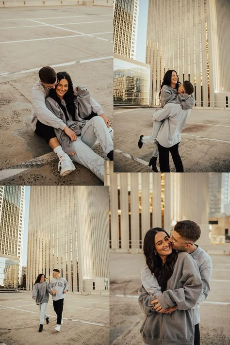 Instagram Photos Couple, Fall Urban Photoshoot, Couple Picture Ideas Downtown, Couple Photography Poses In The City, Engagement Photo Casual, Charlotte Nc Engagement Shoot, Casual Couples Photoshoot Winter, City Couple Poses, Engagement Photos Poses City