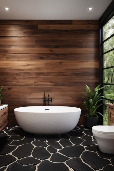 Find your zen in this nature-inspired bathroom featuring dark cedar walls and a mesmerizing black river rock floor. Where outdoor beauty meets indoor luxury. #NaturalDesign #CedarWood #SpaLike Rock Shower Ideas, River Rock Bathroom, River Rock Floor, Rock Bathroom, River Rock Shower, Black River Rock, Nature Inspired Bathroom, Rock Shower, Rock Floor