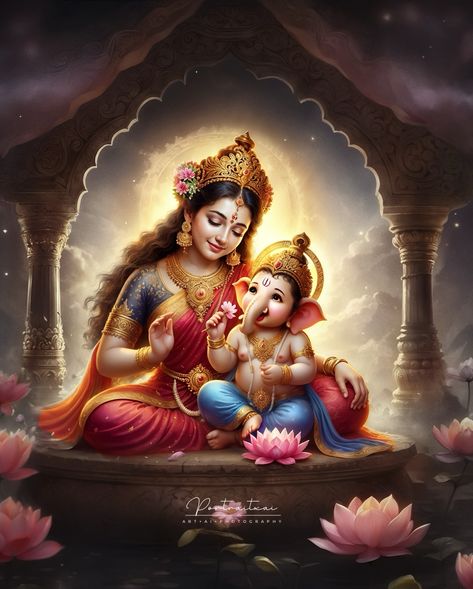 Ganesha in the embrace of Maa Parvathi 🥰 ”As the light of Gowri Pooja blesses the home, Ganesha’s protective embrace draws near, ensuring every prayer of devotion, is heard, and every obstacle is swept away with grace and wisdom.” Interested in a special portrait for your loved one? Comment below & DM for a unique creation! 💕 Don’t repost without permission ©️ All rights Reserved #aiart #ganesha #divine #murugan #vinayagar #gowripooja #ganeshchaturthi #art #divine #aiportrait #aiportra... Ganesh Art, Hinduism Art, Goddess Artwork, Ganesha Art, The Embrace, Ganesh Chaturthi, Ganesha, Art Wallpaper, Drawings