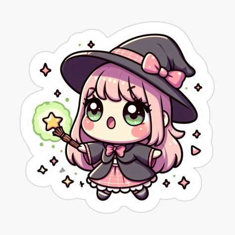 Get my art printed on awesome products. Support me at Redbubble #RBandME: https://www.redbubble.com/i/sticker/Adorable-Chibi-Witch-Illustration-Charming-Little-Witch-with-Stars-by-LWOI/163837234.EJUG5?asc=u Chibi Ghost, Kawaii Witch, Chibi Witch, Cartoon Witch, Chibi Girl, Paper Drawing, Star Stickers, Pixel Art, Sticker Design