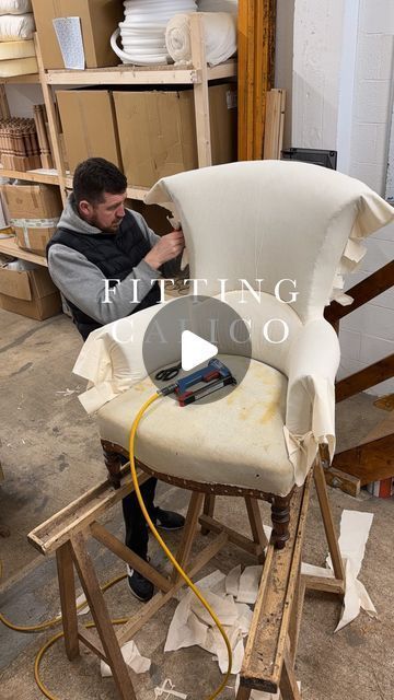 Franklin & Hare on Instagram: "Fitting the calico to this antique armchair ready for the top cover fabric. If only it was this quick!   @imella_design   #upholstery #upholstered #reupholstery #restore #reuse #sustainable #antique #antiques #antiqueshop #traditionalupholstery #workshop #watchmework #watchme #tips #learn #interiors #interiordesign #artisan #skills #craftsmanship #craftsman #instagood #instadaily #reupholstered #home #furniture #armchair #antiquechair" Armchair Restoration, Antique Chair Styles, Covering Chairs, Reupholster Chair Diy, Upholstered Chairs Diy, Chair Restoration, Antique Armchair, Diy Furniture Upholstery, Purple Wall Decor