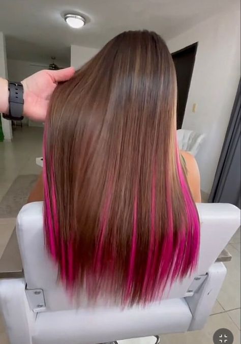 Pink Hair Brown Hair, Brown To Pink Balayage, Pink Underneath Hair, Brown Hair Underneath, Brown Hair With Pink Highlights, Pink Hair Tips, Pink Peekaboo Hair, Brown And Pink Hair, Underdye Hair