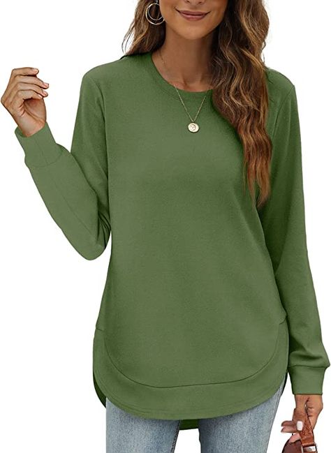 A comfortable sweatshirt that layers well with other pieces and looks great dressed up or down. It comes in a variety of colors! At Home Clothes, Fitted Tunic Tops, Trendy Leggings, Clothes Tops, Tunic Tops Casual, Home Clothes, Round Neck Shirt, Long Sleeve Tunic, Long Sleeve Casual