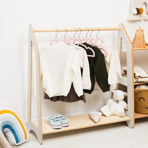 The perfect little rack to hang your toddler's clothes to give them the freedom of picking out their own outfit. This Montessori rack is the perfect size to fit into your existing closet. You can only hang the outfits you approve for them to pick from so you are still in control but giving them the indepenence of choosing from the ones you picked ;) Montessori Wardrobe, Wood Clothing Rack, Wardrobe Shelf, Wooden Clothes Rack, Kids Clothing Rack, Baby Storage, Wood Clothes, Wooden Wardrobe, Nursery Gift