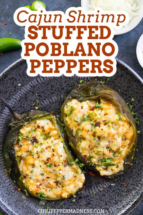 Shrimp Stuffed Poblano Peppers, Poblano Peppers Stuffed, Poblano Recipes, Stuffed Poblanos, Poblano Peppers Recipes, Seasoned Shrimp, Shrimp Stuffed, Roasted Poblano Peppers, Homemade Cajun Seasoning