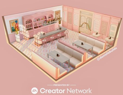 #ad #EACreatorNetwork I built a pink cozy bistro using the new kit 🙂 - thanks to EA for gifting me this pack ✨ - It’s on the gallery (no cc) EA ID: daniellebuilds #thesims4 #thesims #daniellebuilds Sims 4 Bakery Build Layout, Sims Bakery, Sims 4 Bakery, Cozy Bistro, Sims Room, Sims 4 Restaurant, Pink Cafe, Sims Houses, Sims Builds