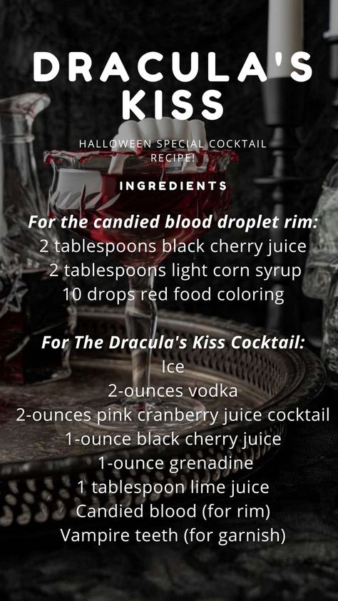 Ready to get your ghoul on? This ghastly Halloween cocktail is the perfect combination of cranberry, cherry, and vodka. To finish the look, it's rimmed with "candied blood" and garnished with plastic vampire teeth!

Blood red drips make this Halloween cocktail just that more spooky. Dracula is a beloved character for Halloween, so this is a perfect cocktail to celebrate the haunting hour with. Vampire Cocktail Recipe, Plastic Vampire Teeth, Alcoholic Drinks Vodka, Spooky Recipes, Kiss Cocktail, Black Cherry Juice, Haunting Hour, Vampire Party, Kitchen Witch Recipes