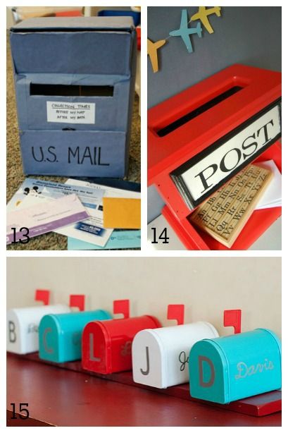 DIY Mailboxes for Kids ~ pretend play mailboxes Diy Mailboxes For Classroom, Paper Mailbox Craft, Diy Mailbox Ideas For Kids, Mailbox Craft, Cardboard Boxes Kids, Kids Mailbox, Classroom Mailboxes, Organize Classroom, Girl's Rooms