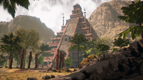 ArtStation - Aztec city Fantasy Mexican City, Aztec Building Concept Art, Aztec Temple Concept Art, Mexican Landscape Art, Building Fantasy Art, Aztec Concept Art, Menagerie Coast, Aztec Environment, Aztec Buildings