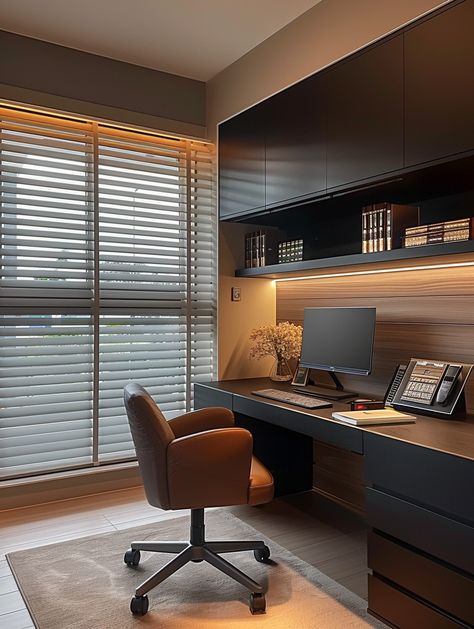 The combination of a large flat-screen TV and dark wood storage cabinets,
It shows the harmonious symbiosis of modern technology and nature.
The choice of black sofa and single chair,
Strengthens the overall simple style.
The overall color scheme is mainly black, white and gray.
Supplemented by orange embellishment,
Both classic and fashionable,
It perfectly interprets the modern and simple design concept. Executive Home Office Design, Study Table Design Modern Luxury, Office At Home Ideas, Round Black Coffee Table, Color In Interior Design, Modern Study Rooms, Orange Lighting, Teenager Bedroom Design, Office Room Design