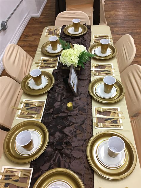 Dark Brown Table, Gold Table Decor, Satin Tablecloth, Sweet 16 Themes, Party Table Settings, Yellow Decor, Gold Theme, Brown Table, 18th Birthday Party