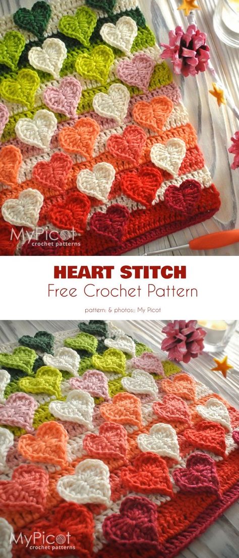 Free Fun Things To Crochet, Sunflower Crochet Blanket Free Pattern, Heart Stitch Crochet, Heart Stitch, Beau Crochet, Crochet Heart Pattern, Easy Knitting Projects, Confection Au Crochet, Flower Blanket