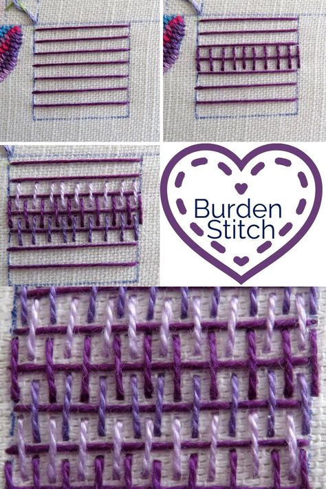 Burden Stitch, Advanced Embroidery Stitches, Filler Embroidery Stitches, Stitch Tutorial, Starting Embroidery Stitch, Types Of Embroidery Stitches With Names, Burden Stitch Embroidery, Embroidery Fill Stitches, Hand Embroidery Running Stitch