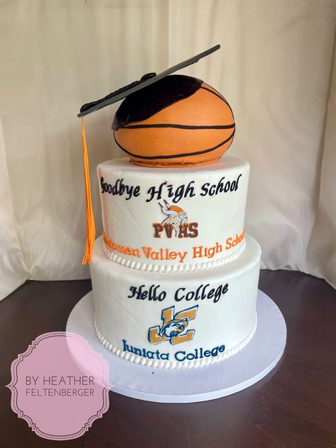 3-tier graduation cake, Goodbye High School Hello College, Perkiomen Valley High School to Juniata College, basketball Basketball Graduation Cake, Juniata College, College Cake, College Graduation Cakes, Graduation Cake, Graduation Diy, Graduation Ideas, Graduation Cakes, Graduation Party Decor