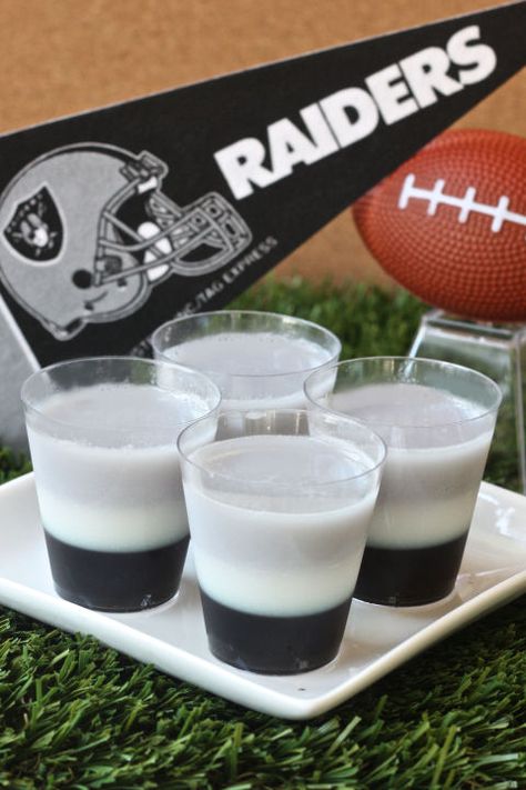 Best Oakland Raiders Jell-O Shots Recipe-How to Make Oakland Raiders Jell-O Shots-Delish.com Raiders Cake, Jell O Shots, Raiders Stuff, Black Food Coloring, Raiders Baby, Oakland Raiders Football, Jello Shot, Raiders Football, Raiders Fans