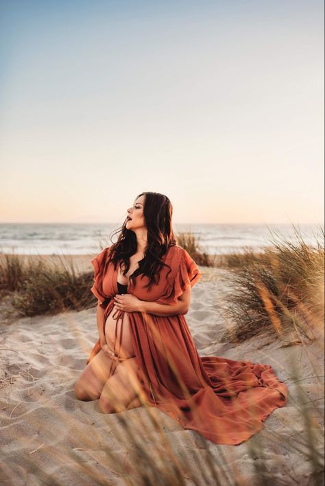 Solo Beach Maternity Photos, Orange Maternity Dress, Brown Maternity Dress, Maturity Shoot, Pregnancy Photoshoot Beach, Maternity Shoot Beach, Beach Maternity Pictures, Maternity Beach, Pregnancy Pics