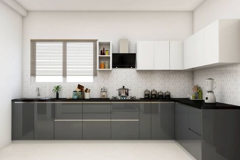 Dark Grey L-Shaped Kitchen Design With Glossy Laminates | Livspace L Shaped Modular Kitchen With Window, L Shape Kitchen Interior Design Modern With Window, Kitchen Laminates Design, L Shaped Kitchen Interior, L Shaped Kitchen Cabinets, L Shape Kitchen Design, Kitchens Interior, L Shaped Modular Kitchen, L Shaped Kitchen Designs