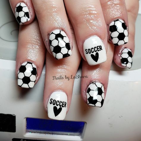 Soccer Ball Nail Art, Soccer Acrylic Nails, Soccer Nails Design Mom, Soccer Ball Nails Designs, Soccer Nails Design Sports, Soccer Theme Nails, Soccer Ball Nails, Soccer Mom Nails, Soccer Nail Art