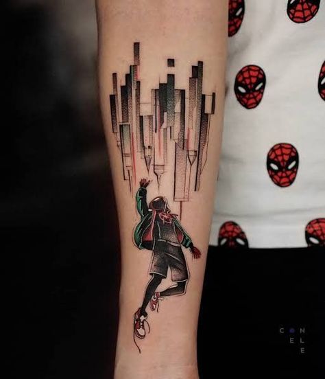 Miles Morales Spiderman Tattoo, Miles Morales Comic Art, Miles Morales Tattoo Ideas, Spider Man Tattoo Ideas, Spiderverse Tattoo, Miles Tattoo, Miles Morales Tattoo, Tattoo Spiderman, Spider Man Tattoo