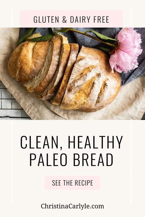 The best paleo bread recipe. This paleo bread from nutritionist Christina Carlyle is gluten free, dairy free and full of clean and healthy nutrients. Paleo Artisan Bread, Aip Paleo Bread, Paleo Crusty Bread, Paleo French Bread, Dairy Free Gluten Free Bread, Paleo Sourdough Bread, Paleo Bread Machine Recipes, Whole 30 Bread Recipe, Whole 30 Bread