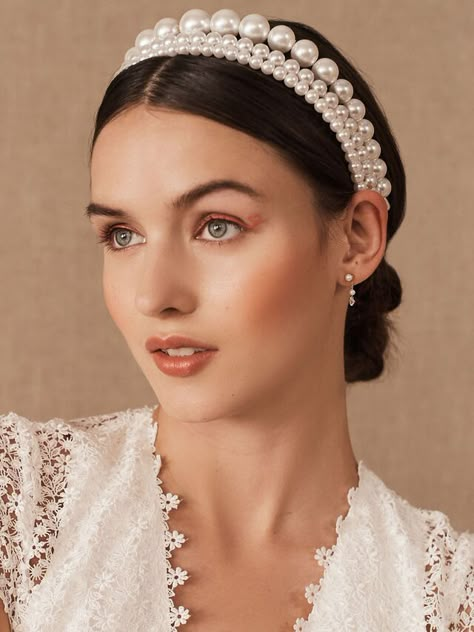 21 Bridal Headbands For All of Your Wedding-Related Events Pearl Headband Wedding, Wedding Accessories For Bride, Bhldn Wedding, Hijab Wedding Dress, Hijab Wedding, Pearl Headband, Wedding Headband, Hair Hoops, Bridal Headband