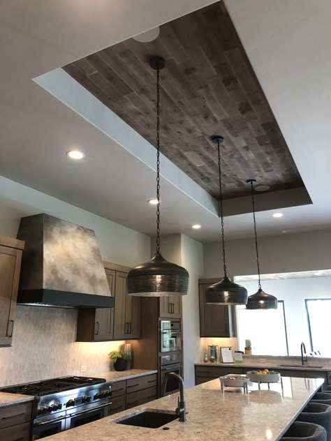 tray ceiling Inside Roof Ideas Ceilings, Small Tray Ceiling Ideas, Adding Beams To Tray Ceiling, Funky Ceiling Ideas, Indented Ceiling, Ceiling Tray Ideas, Coffed Ceilings, Tray Ceiling Ideas Kitchen, 8ft Ceiling Ideas