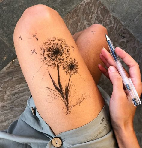 Dandelion Tattoos, Dandelion Puffs, Lower Leg Tattoos, Leg Painting, Leg Art, Dandelion Tattoo, Ink Drawings, Compass Tattoo, Inspirational Tattoos