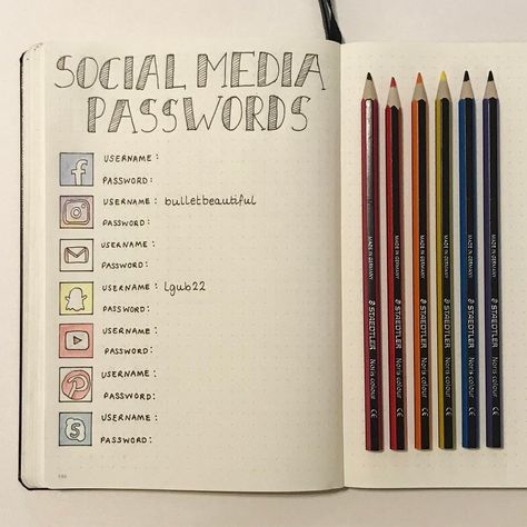 Social Media Passwords Journal D'inspiration, Journal Planner Ideas, Bullet Journaling Ideas, Bullet Journal 2019, Bullet Journal Mood, Organize My Life, Bullet Journal Planner, Bullet Journal Notebook, Journal Stuff