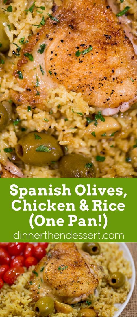 Spanish Olives Chicken and Rice made in a single cast iron skillet is a gorgeous meal made easy with delicious Spanish queen green olives, caramelized onions, garlic and saffron rice. #ad @OlivesSpain Sheet Meals, Mediterranean Plates, Spanish Queen, Spanish Olives, Saffron Rice, Cuban Food, Olive Recipes, Spanish Recipes, One Pan Dinner