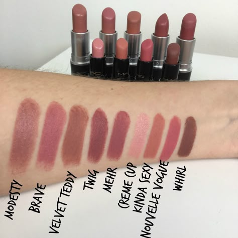 Mac Swatches, Whirl Lipstick, Mac Makeup Lipstick, Mac Lipstick Collection, Mac Nude Lipstick, Mac Whirl, Mac Brave, Mac Velvet Teddy, Mac Lipsticks