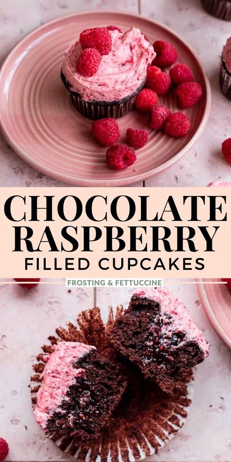 Chocolate Filled Raspberries, Choc Raspberry Cupcakes, Chocolate And Raspberry Cupcakes, Raspberry Cupcakes Filling, Chocolate Raspberry Filling, Chocolate Cupcakes With Raspberry Filling, Center Filled Cupcakes, Freeze Dried Raspberry Recipes, Black Raspberry Desserts