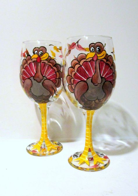 Turkey Hand Painted Wine Glasses Thanksgiving Decor, Fall Decor, Autumn Decor, Funny Wine Glasses, Fall Leaves, Fun Gift Thanksgiving Day Thanksgiving Glasses, Holiday Wine Glasses, Diy Wine Glasses Painted, Turkey Wine, Funny Wine Glasses, Thanksgiving Wine, Autumn Wine, Diy Wine Glasses, Hand Painted Bottles