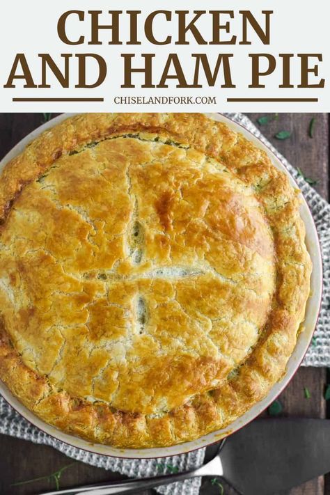 With homemade pie crust and a cozy pot pie-like filling, this chicken and ham pie is the ultimate comfort food. #chickenandhampie #savorypie #potpie | chiselandfork.com Turkey And Ham Pot Pie, Homemade Ham Pot Pie, Chicken And Ham Pie Recipes, Hi Ken Pot Pie, Chicken Pie Filling, Ham Pot Pie Recipe, Pork Casseroles, Chicken And Ham Pie, Ham Pot Pie