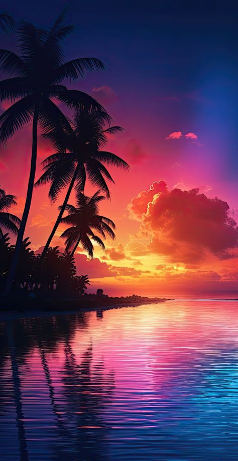 Sunset Theme Wallpaper, Beach Sunset Images, Beach Sunset Pictures, Beach Phone Wallpaper, Cool Sunset, Fantasy Poster, Beach Sunset Wallpaper, Palm Trees Painting, Art Sunset