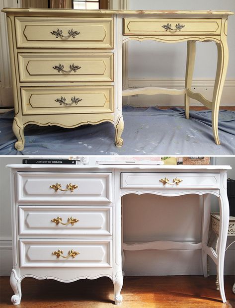 Old Computer Desk Makeover, Queen Anne Desk Makeover, Painted French Provincial Desk, Desk Restoration Ideas, Thrifted Office, Desk To Vanity, French Provincial Desk Makeover, Old Desk Makeover, Office Desk Makeover