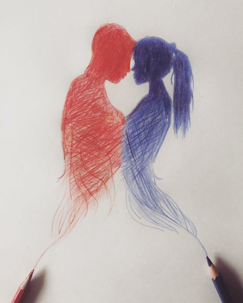 Red Blue And Black Pen Sketch, Red Pencil Sketch, Red Blue Drawing, Red And Blue Drawing, Flame Illustration, Black Pen Sketches, Red Hearts Art, Doddle Art, Blue Drawings