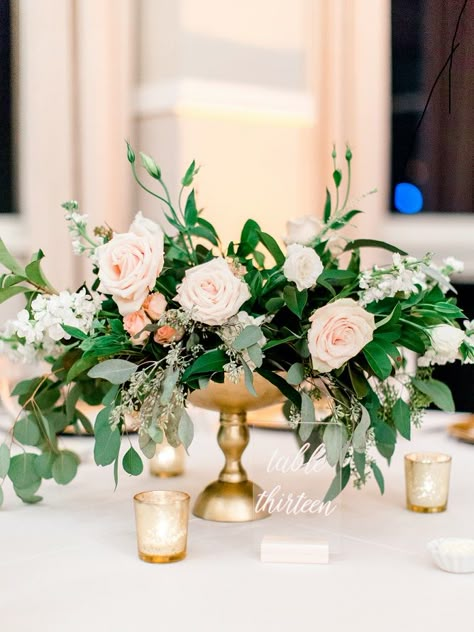 Gold metal compote bowl with lush crescent floral design created for a beautiful wedding here in Dallas. #dallaswedding #weddingflowers #dfwweddingflorist #texaswedding #centerpiece #gardenwedding Acrylic Table Numbers Wedding, Table Numbers Acrylic, Acrylic Table Numbers, Acrylic Table Number, Diy Arrangements, Wedding Floral Centerpieces, Bee On Flower, Flower Centerpieces Wedding, Flowers And Greenery