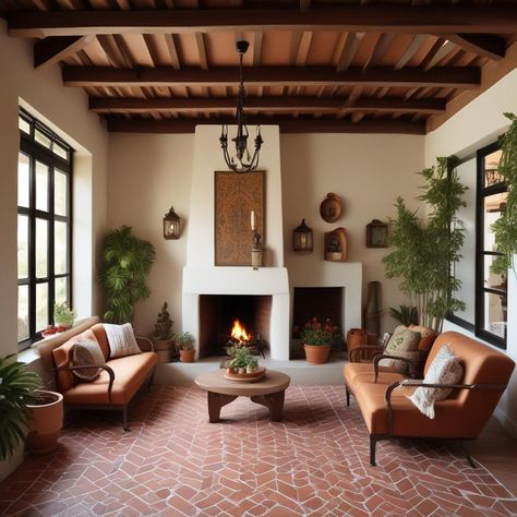 🏡✨ Cozy Spanish vibe with terracotta floors, white walls, and wooden beams. Warm leather chairs, a round wood table, and a roaring fireplace. Green plants and lanterns add a homey touch. 🛋️🔥🌿🏺
#odastudioAI #odaAIstudio #odastudio

#livingroomdecor #cozylivingroom #fireplaceideas #homedesign #warminteriors #rusticdecor #livingroomstyle #earthtonedecor #boholivingroom #livingroominspiration Roaring Fireplace, Round Wood Table, Terracotta Floors, Earth Tone Decor, Terracotta Floor, Leather Chairs, Living Room Spaces, Wooden Beams, Soothing Colors