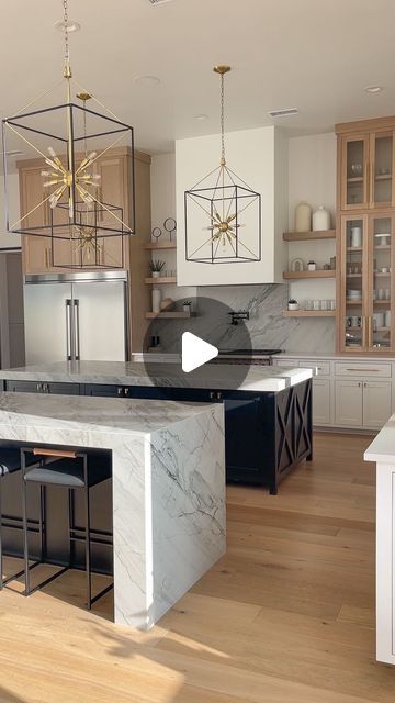 Ashley Chapman | Iris Acres Farm on Instagram: "Both our islands and backsplash are 3 cm honed zermatt quartzite. We did not mill down the backsplash, because we set floating shelves on the top edge and it provided the perfect amount of additional support. I also did not want to risk damaging the stone. Both islands have a 3.5 inch mitered/laminated edge. Surrounds are white zen quartz. Drop your additional kitchen questions in the comments, and I will get you the details. Home remodel, kitchen remodel, new construction, kitchen inspo, new home" New Construction Kitchen, Baking Christmas Cookies, Watching Christmas Movies, Comfy Blanket, Baking Christmas, Watch Christmas Movies, Comfy Blankets, Remodel Kitchen, Zermatt