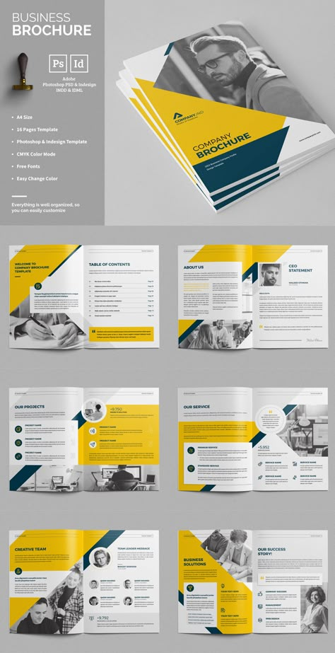 This is a clean and professional "Brochure Template" for your business or other projects. The Brochure looks good both on screen and in print. This is not just a brochure template, you can easily use it as an annual report/catalog/magazine/portfolio or any kind of agency-based project. This Brochure is 16 pages A4 template. Everything is well organized, and you can easily import your information using Adobe Photoshop PSD & InDesign INDD & IDML. Placement Brochure, A4 Brochure Design, Booklet Design Layout, Print Design Brochure, Magazine Portfolio, Brochure Examples, Brochure Design Layouts, A4 Template, Brochure Design Creative