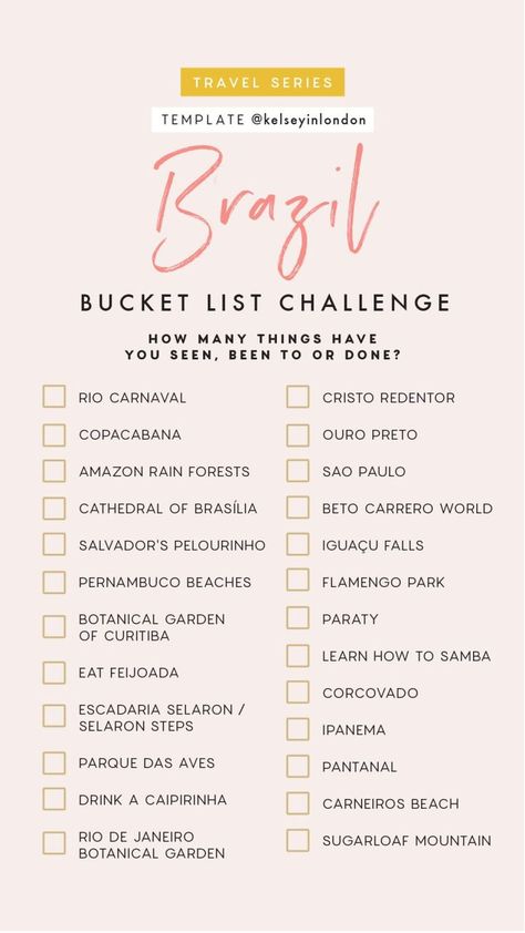 I promised some friends that I would visit them in Brazil so this is pretty perfect for when that time comes haha Brazil Bucket List, Holiday Destinations Bucket Lists, Bucket List Challenge, Beto Carrero World, List Challenges, Brazil Travel, Adventure Bucket List, Story Templates, Travel Checklist