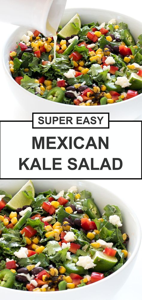 This quick and easy Mexican Kale is the perfect lunch or Summer dinner. It’s loaded with fresh veggies and is super easy to make! I made this chopped kale salad without meat however you could always serve this with chicken, steak or fish. This recipe comes together in less than 20 minutes and is perfect for meal prep! | chefsavvy.com #salad #mexican #kale #recipe #lunch #sidedish #dinner Salad Ideas Without Meat, Salads Without Meat, Salad Without Meat, Easy Mexican Salad, Mexican Kale, Chopped Kale Salad, Salad Mexican, Veggie Appetizers, Mexican Salad Recipes